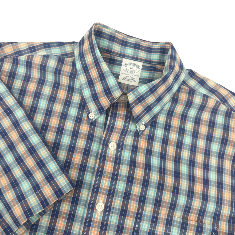 Brooks Brothers Mens Medium Non-Iron Supima Cotton Plaid Short Sleeve Button Dow